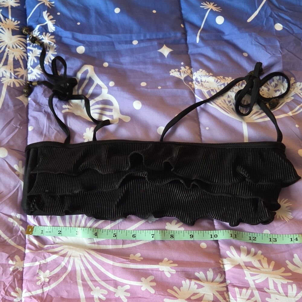 Candie's Black Ruffle Bandeau Bikini Top Adjustable Straps Metal Beads XL